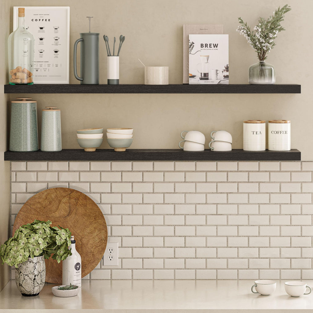 Floating Shelves for Wall, 55 inch 2-Tier Black Shelf, Invisible Brackets, Wood Wall Shelf Organizer, Clearing Clutter