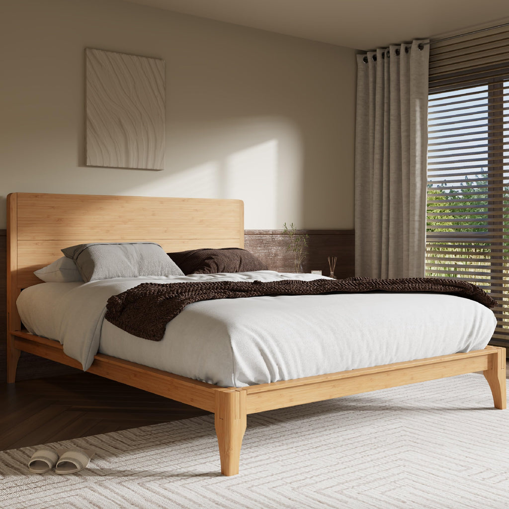 King Size Bamboo Platform Bed Frame with Tall Headboard, Natural