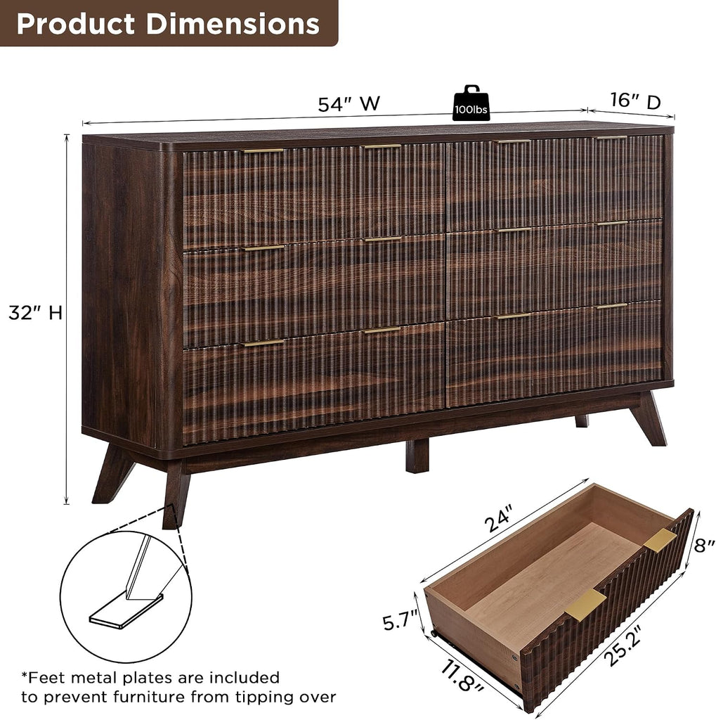 54" Wide Fluted 6 Drawer Dresser , Dark Walnut | Mid Century Modern, Curved Profile, Metal Handles, Anti-tip Kit