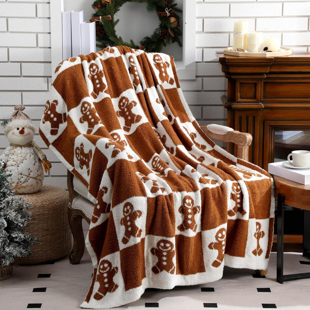 Christmas Gingerbread Man Knit Throw Blanket, 50 x 60 Inch Xmas Reversible Knitted Throw Blanket, Cozy Lightweight