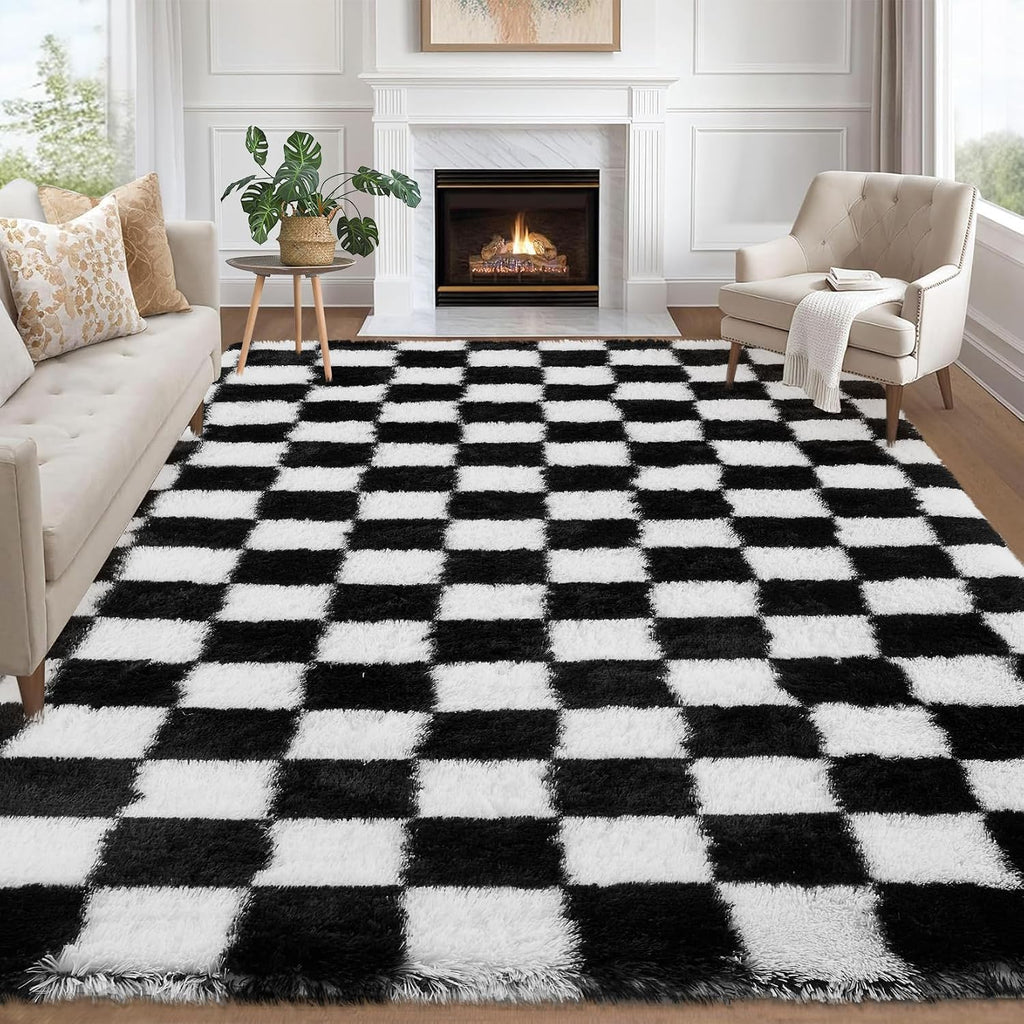 Checkered Area Rug 9x12 Large Rug Thick Super Soft Shaggy Rugs Fluffy Carpet Fluffy Fuzzy Shag Washable Rugs Nursery