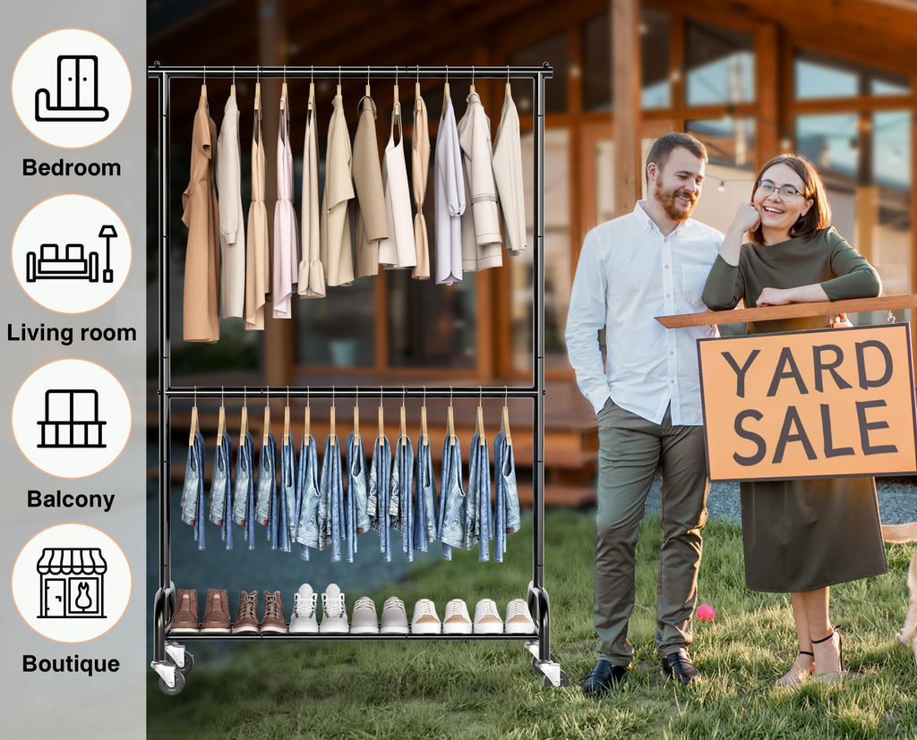 Heavy Duty Clothing Racks for Hanging Clothes Rack Double Rod Garment Rack Rolling Closet Wardrobe Rack on Wheels