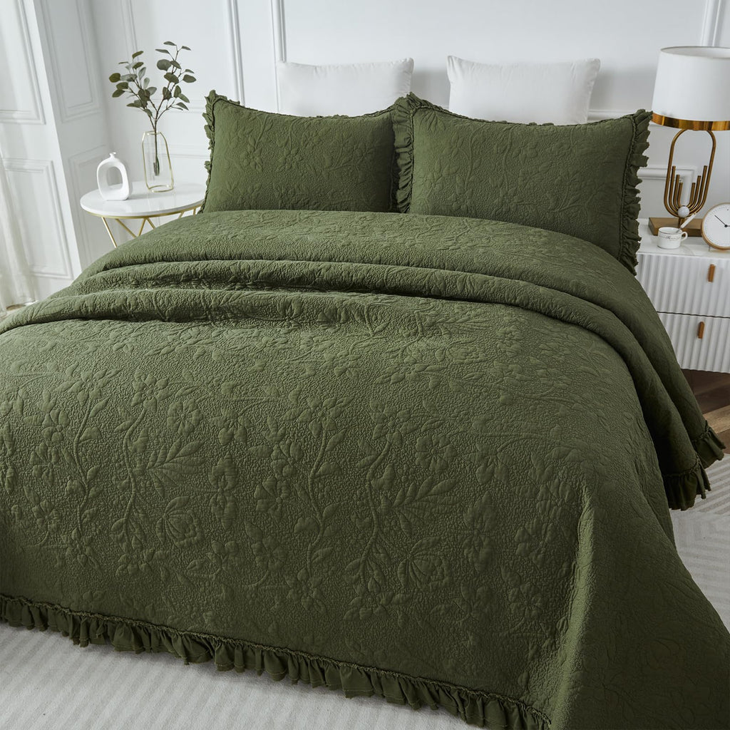 Olive Green Quilt Set Cotton Ruffled Floral Coverlet 3PC
