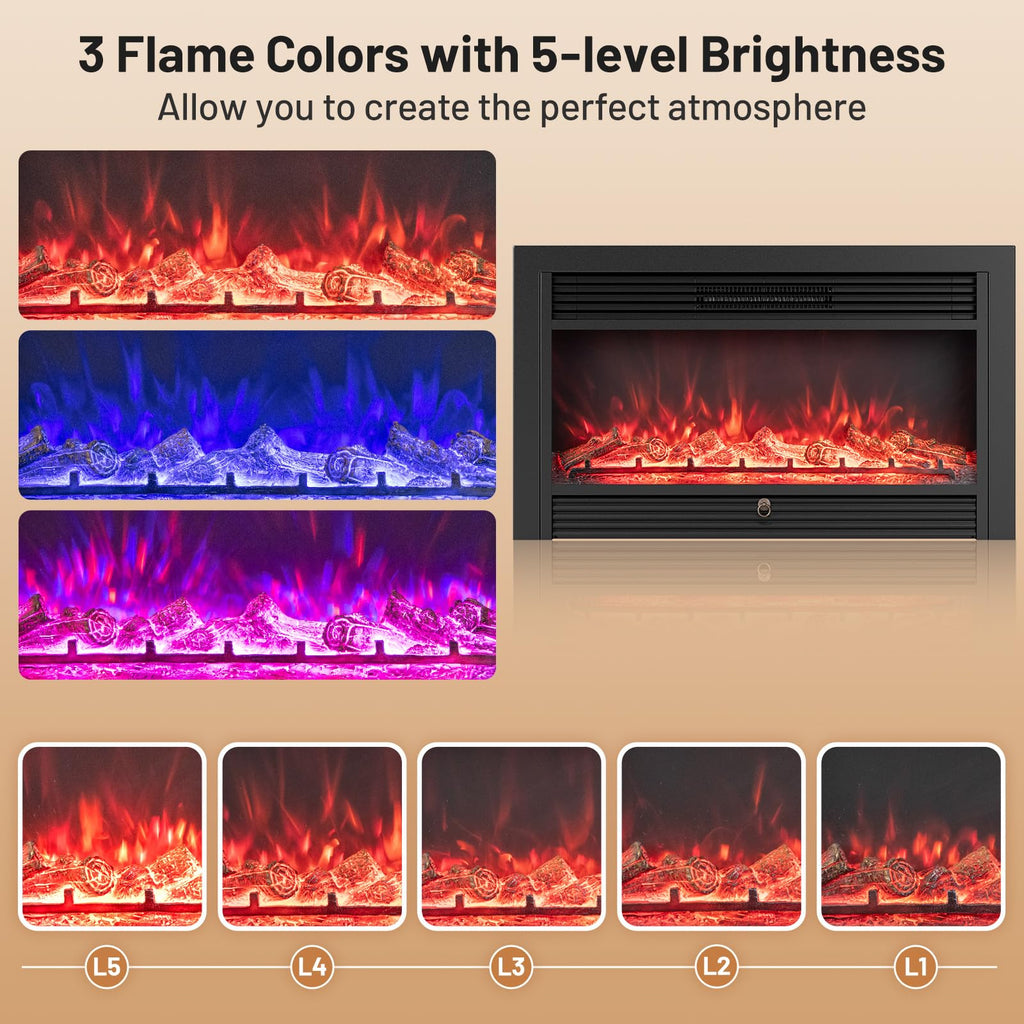 36" Electric Fireplace, Wall Mounted/Recessed, 3-Color Flame, 5 Brightness, 8H Timer, 750/1500W Freestanding Insert