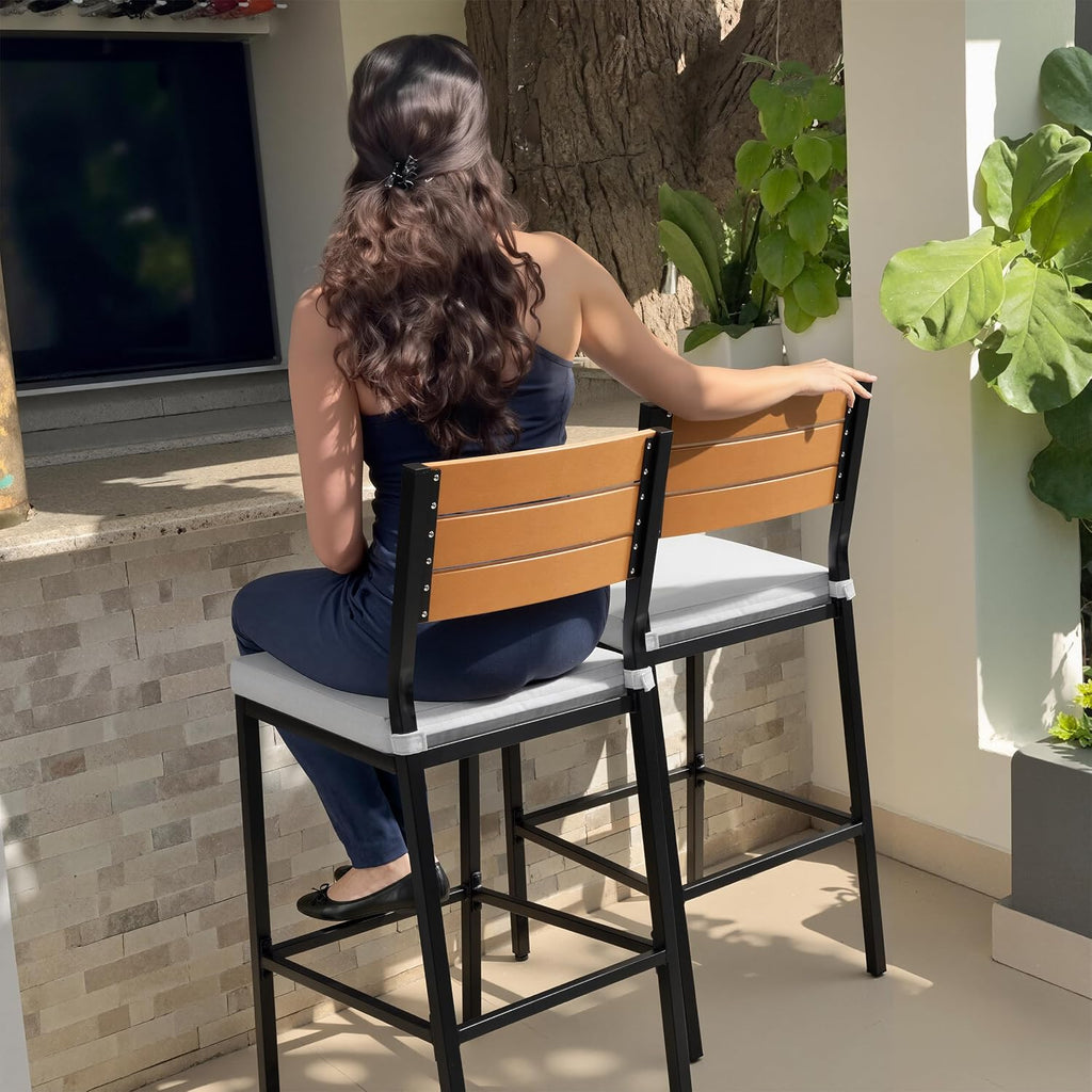 Outdoor Bar Stools Set of 4, Patio Counter Height Barstools with Cushions, Tall Chairs with Back and Footrest, Lawn