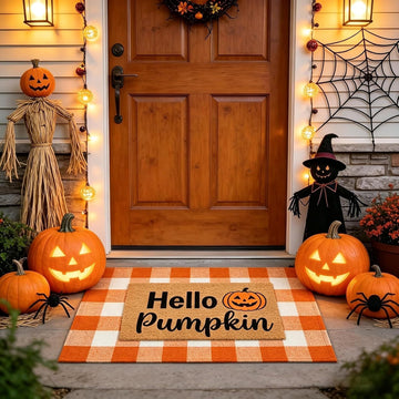 Halloween Layered Front Doormat Set, Hello Natural Coco Coir Door Mat + 28"x43" Orange White Buffalo Plaid Rug