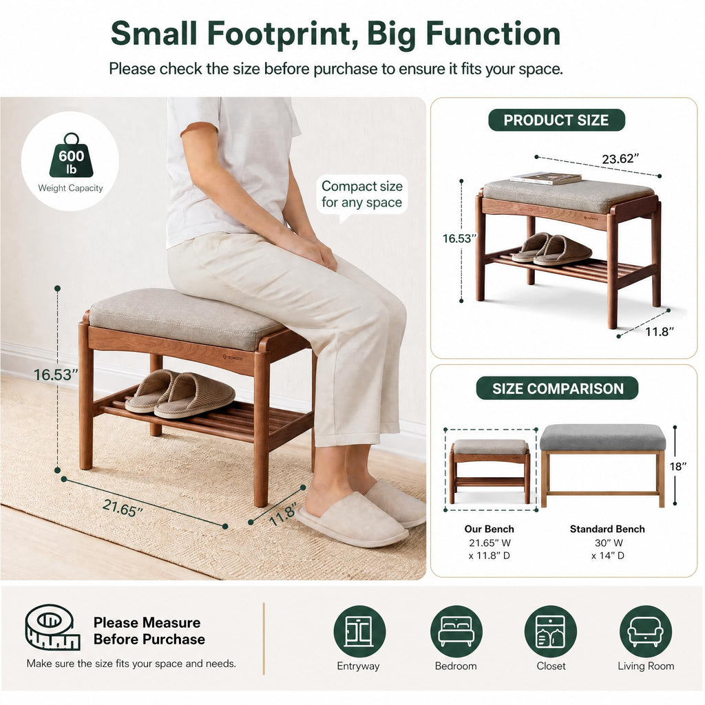 Solid Wood Shoe Bench, 24 Inch Entryway Bench with Gray Cushion