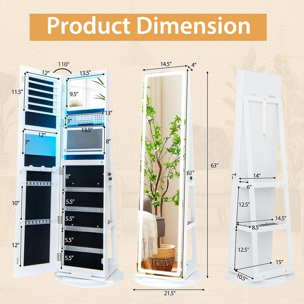 360° Swivel Jewelry Cabinet Armoire with Full Length Mirror, Standing Jewelry Storage Organizer with Rear Storage