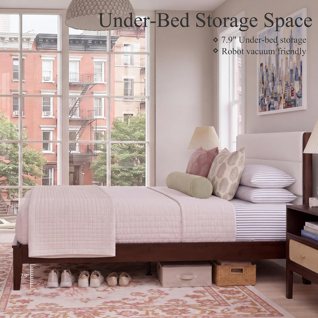 Japanese-Inspired Joinery Bed Frame with Upholstered Headboard