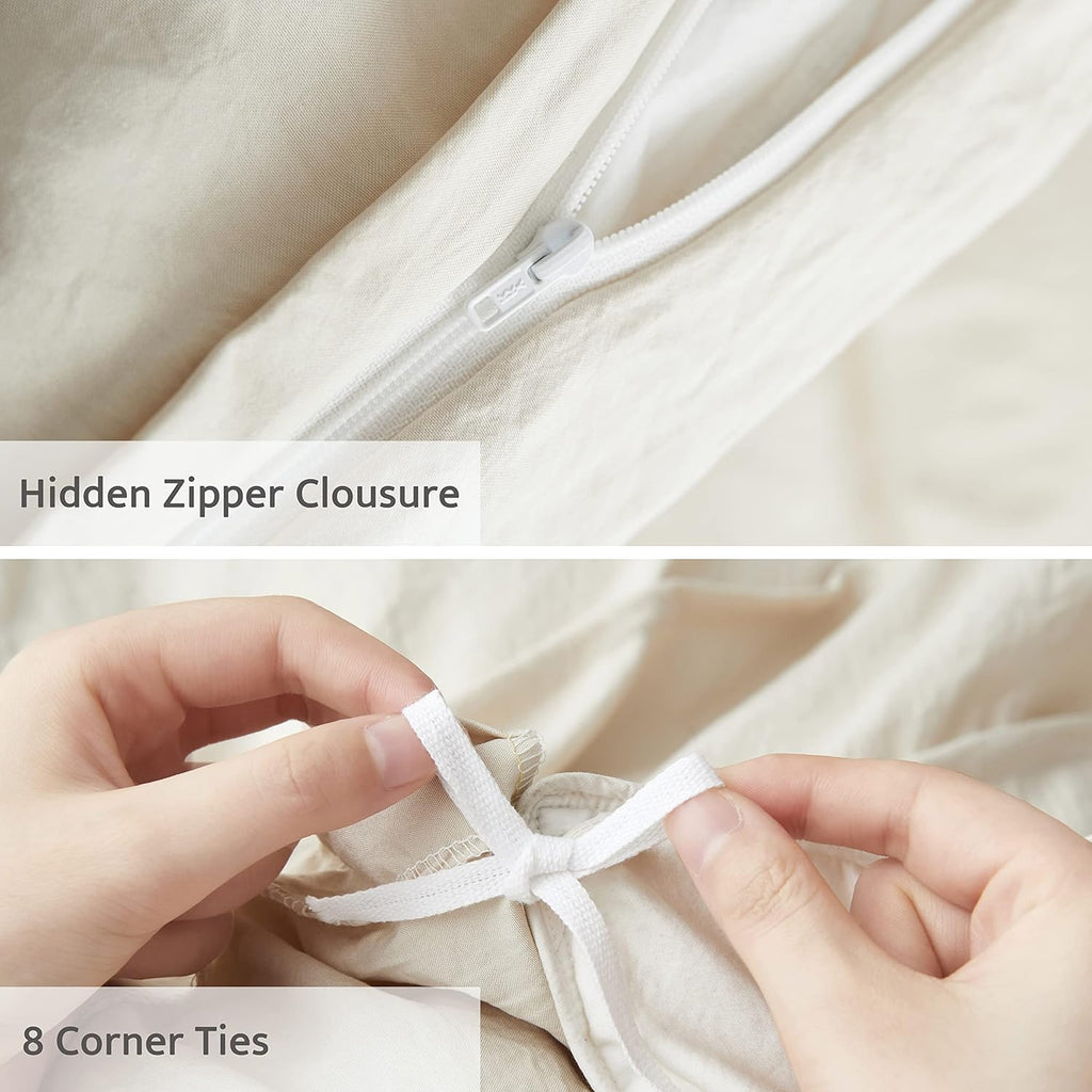Beige Duvet Cover Queen - Pleated Queen Duvet Cover, 3PCS Soft and Breathable Textured Bedding Set with Zipper