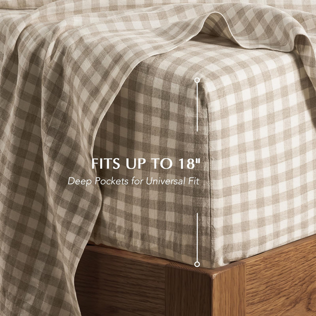 100% European Flax Linen Sheet Set, Natural Gingham