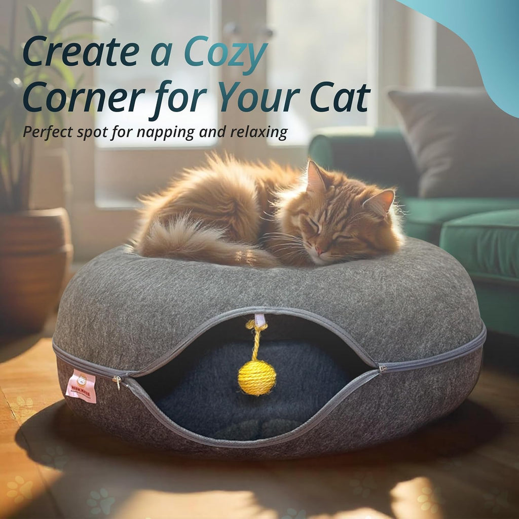 Peekaboo Cat Cave Large Cat Bed, Donut Scratcher Cat Bed for Indoor Cats