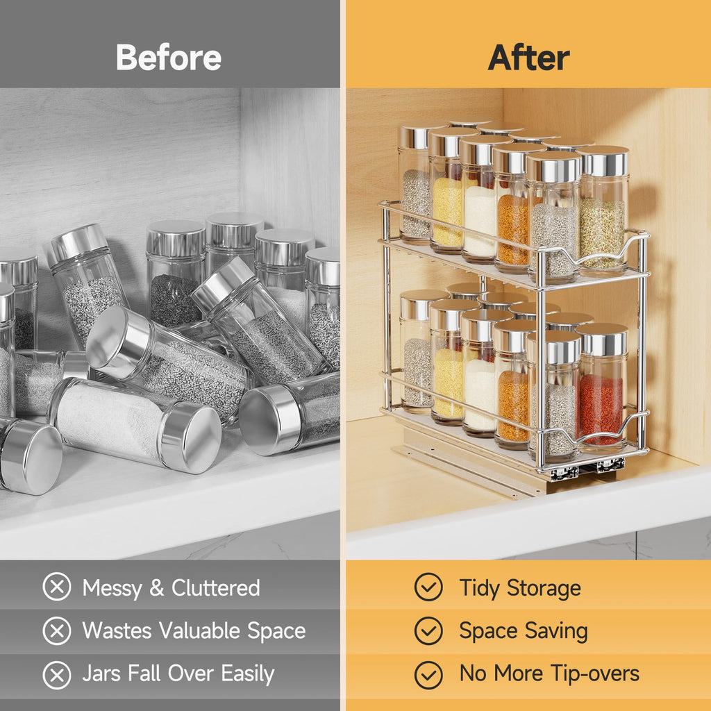 Pull Out Spice Rack for Inside Cabinet, 2 Tier Chrome Spice Organization for Cabinet, Vertical Sliding Out Spice Rack