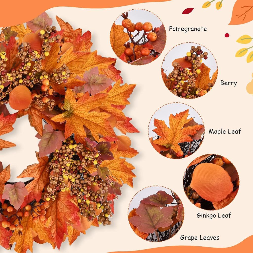 24 lnch Artificial Fall Wreath for Front Door Autumn Wreath with Hanger