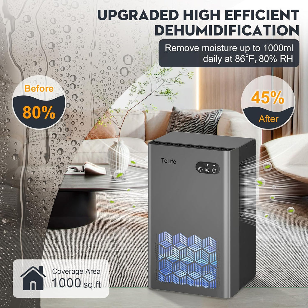 Dehumidifier for Home 95 OZ Water Tank, 1000 sq.ft Dehumidifiers for Basement Bedroom Bathroom with Auto Shut Off 7