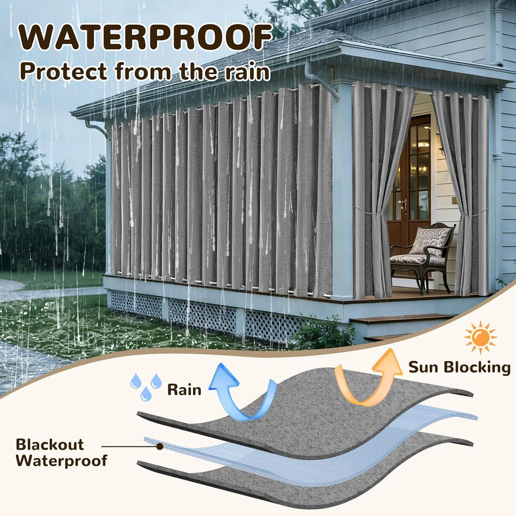 Linen Outdoor Curtains Waterproof with Zipper Blackout Curtains 2 Panels Top & Bottom Grommet Patio Outdoor Privacy