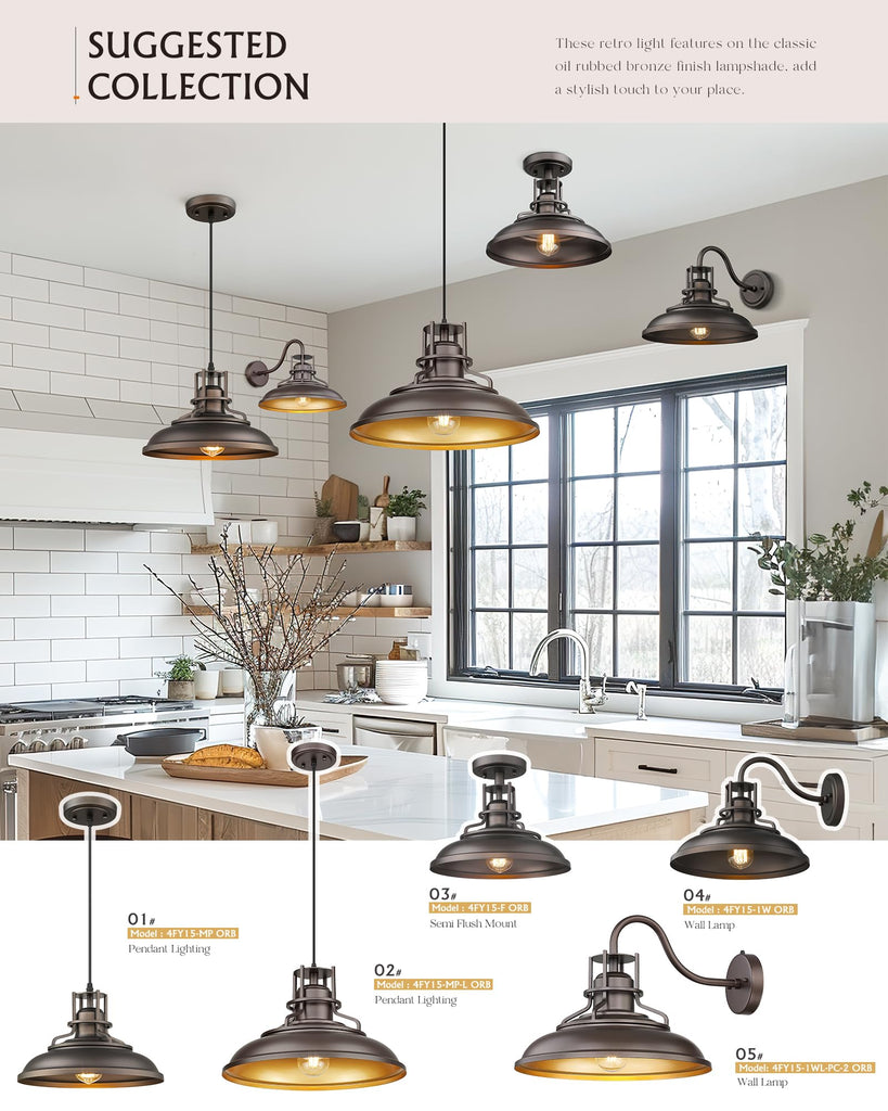 18" Outdoor Pendant Lights for Porch, Farmhouse Pendant Light, Barn Vintage Hanging Light Fixture Island, Adjustable