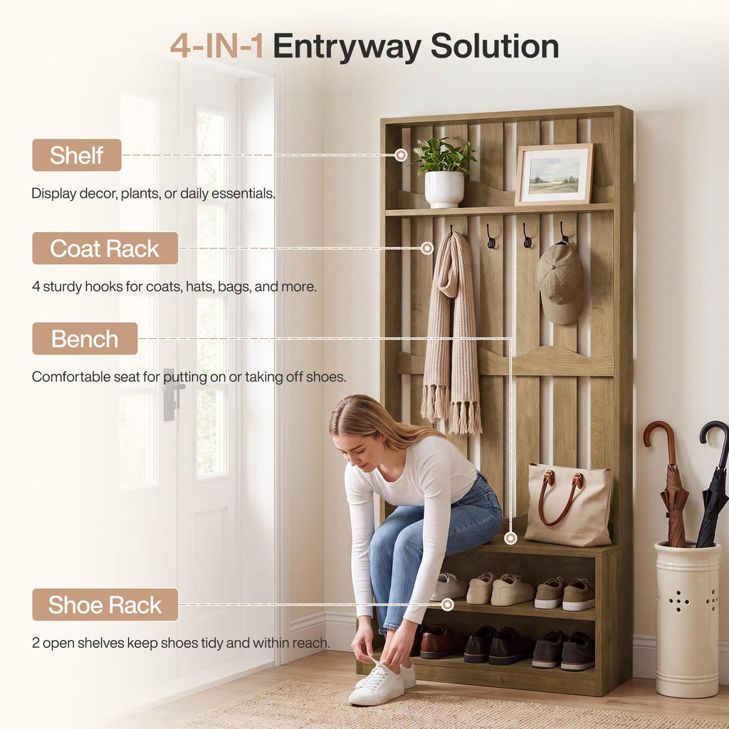 Farmhouse Hall Tree with Bench and Shoe Storage, Rustic Brown