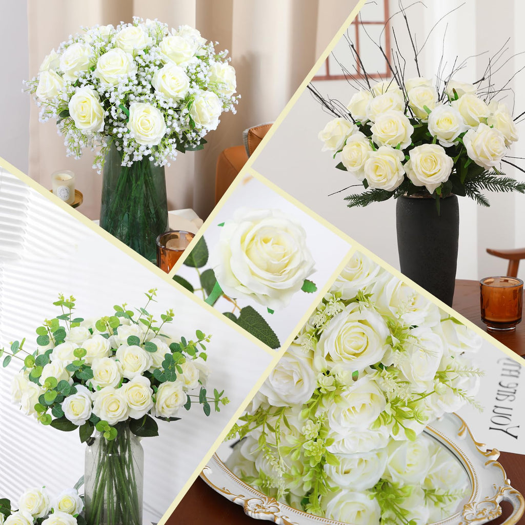 50PCS Artificial Silk Roses Flowers - Realistic Fake Roses in Bulk & Bouquet Long Stem White Rose for Wedding