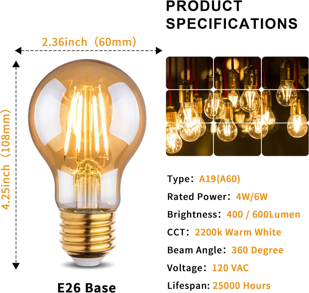 2200k Led Light Bulb,Vintage A19 Edison Bulbs,Dimmable Amber Warm White Tone Light Bulb,Antique Led Filament Light