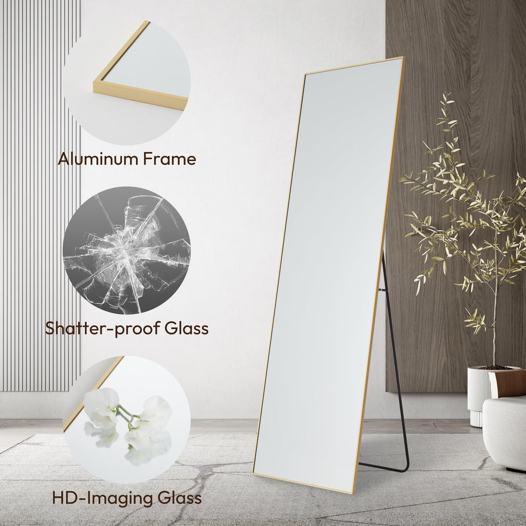 Rectangle Full Length Mirror 64"x21", Aluminum Alloy Thin Frame Floor Standing Mirror, Wall Mirror with Stand, HD