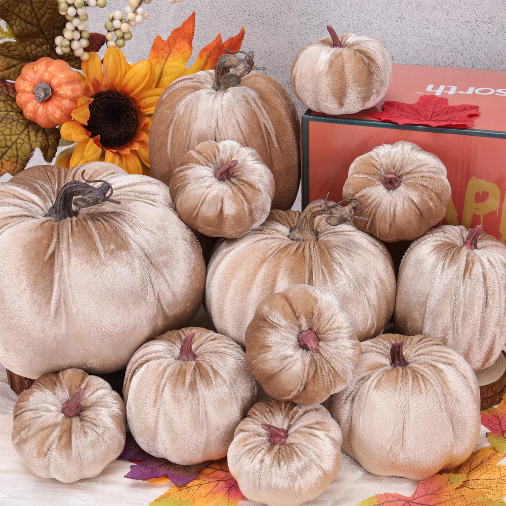 12 Pcs Artificial Large Velvet Pumpkins Fake Champagne Pumpkin