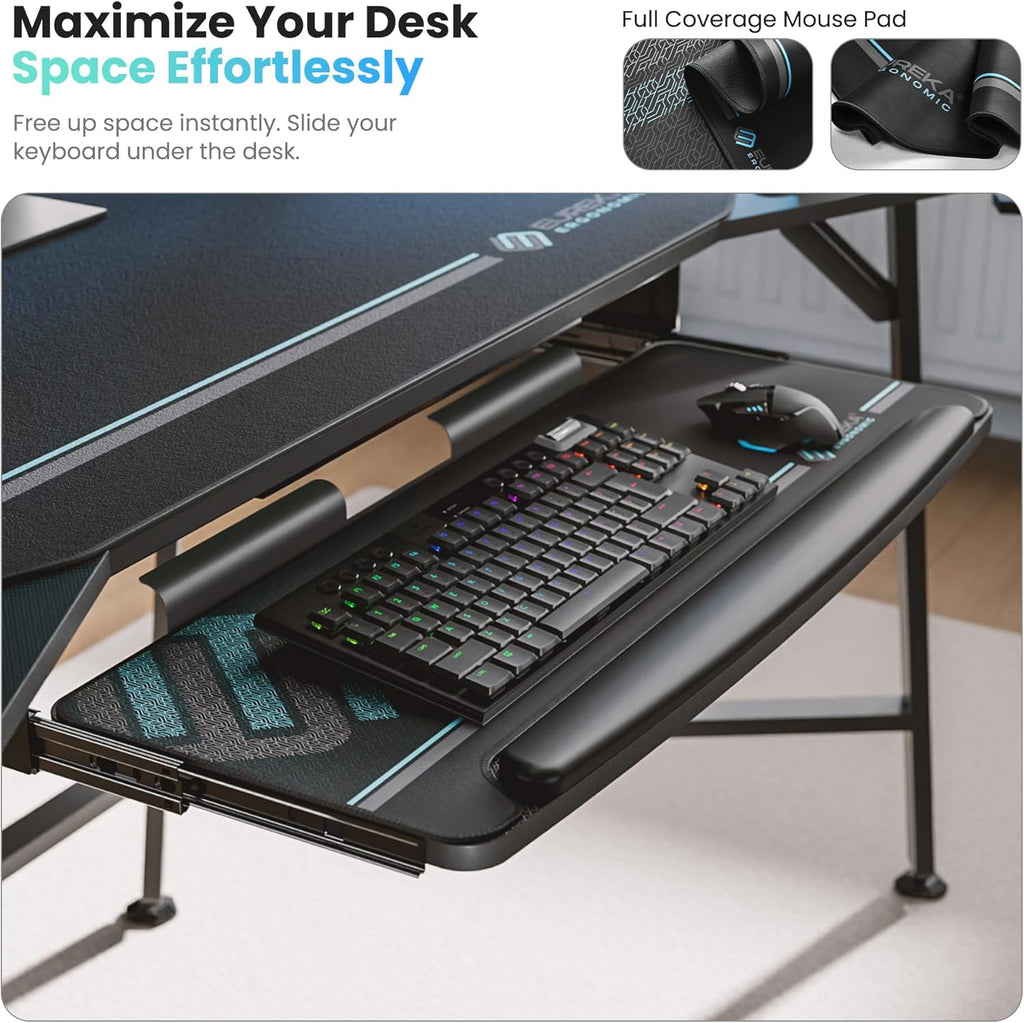 Gaming Desk Wing Shaped Keyboard Tray 72 Inch Black | LED monitor stand with dual headphone hooks and cup holder