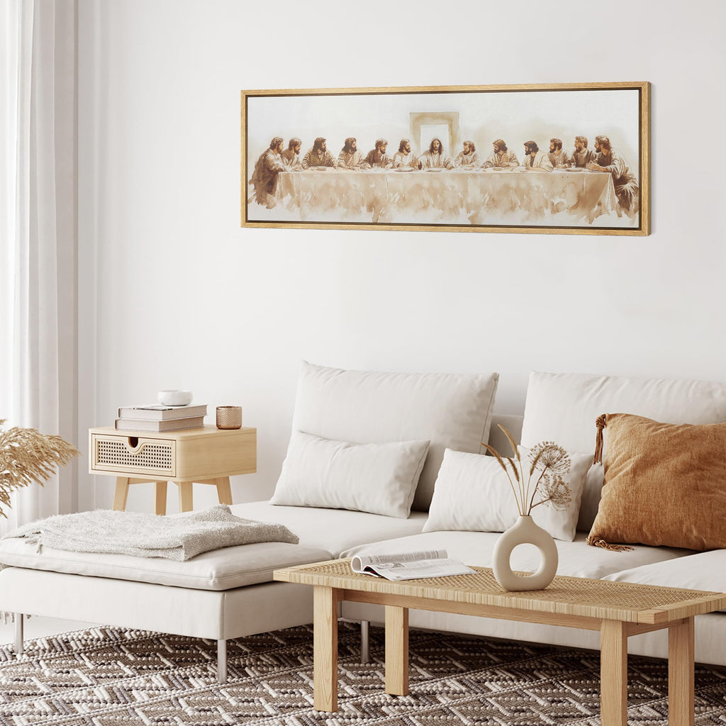 Large Framed Canvas Print Wall Art Last Supper Religious Antique Retro Fine Art Illustrations Decorative - 60"x20"