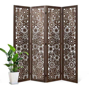Folding Wood Room Divider Panel, 5.6 FT Tall Daisy-Carved Privacy Screen - Decorative Flower Carved Room Partition