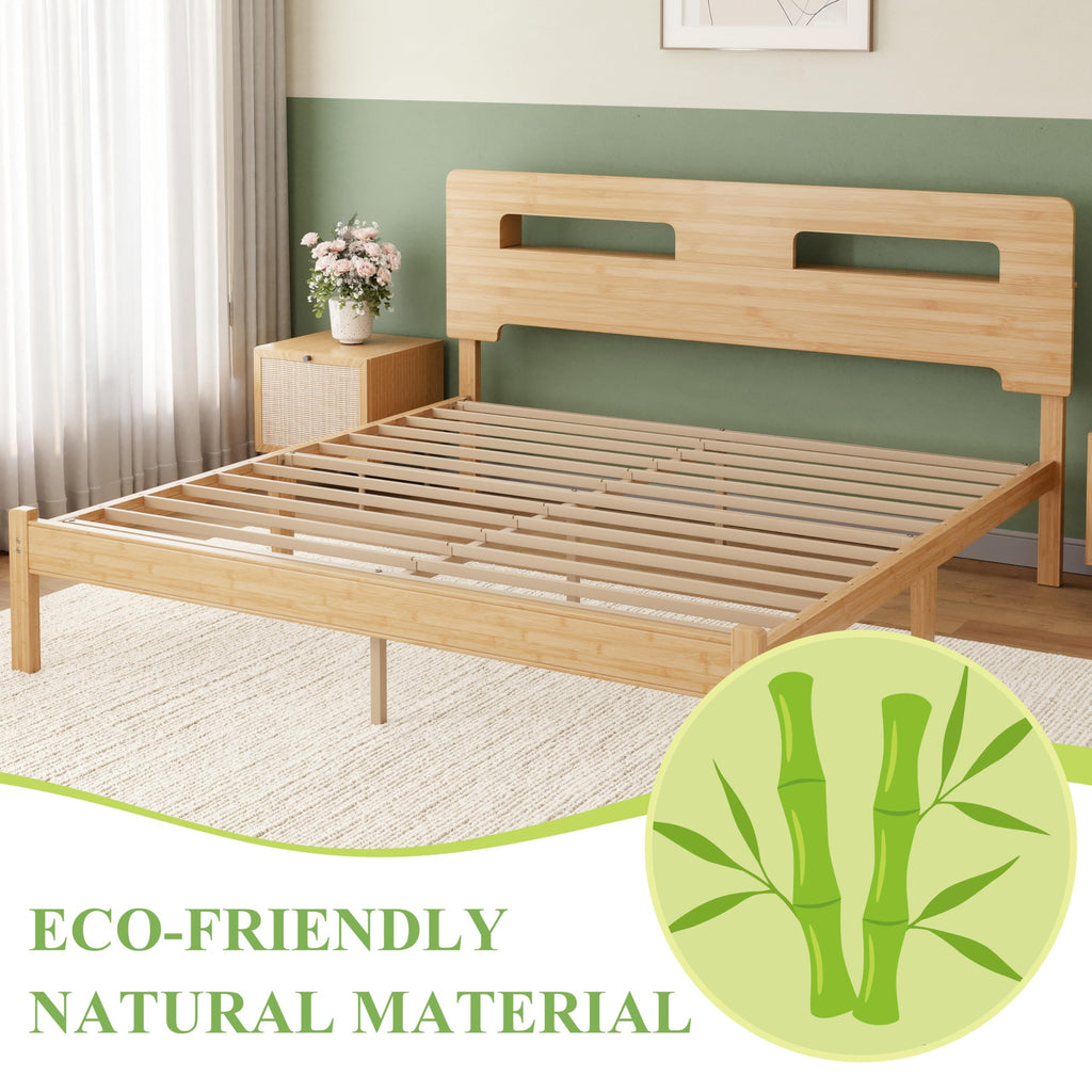 Solid Bamboo Wood King Size Bed Frame with Storage Headboard, 14 inch Platform King Bed Frame No Box Spring Needed