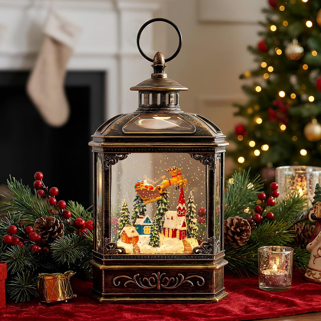 Christmas Snow Globe Swirling Glittering Lantern Santa Flying with Reindeer, USB Lined/Battery Operated Lighted Water