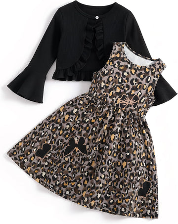 Floral Dress Set, Ruffled Rib Knit Cardigan and Swing Sleeveless Pocket Dresses for Girl Daily Party Outfit