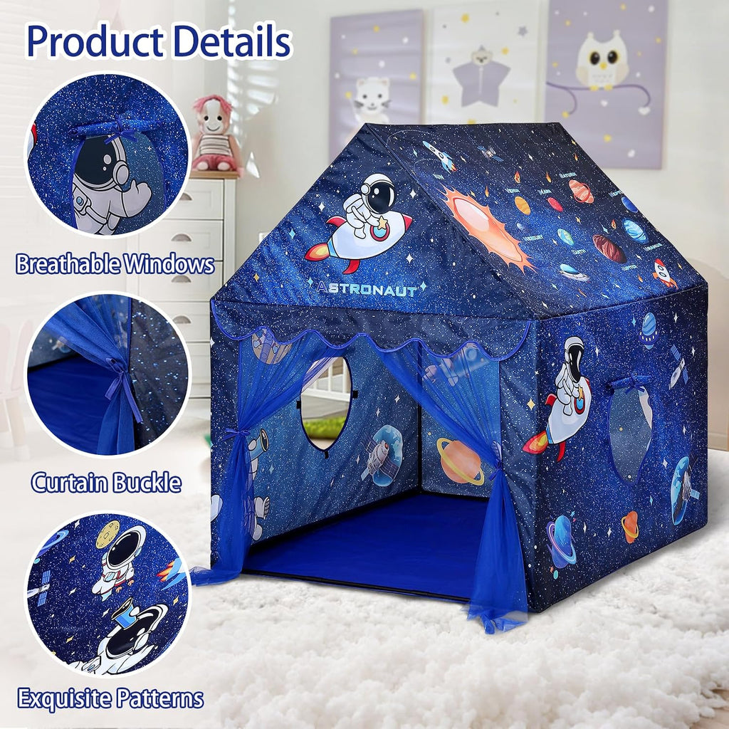 Kids Tent Blue Space Play Tent for Boys,Large and Foldable Kids Playhouse with Windows, Portable and Lightweight Play