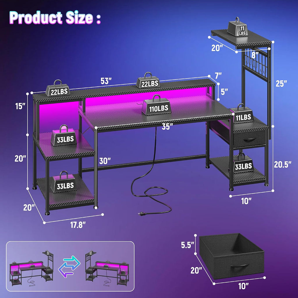 63" Gaming Desk with RGB LED,Headphone Hook Shelves | Sturdy Metal Frame No Wobble,Storage Shelves&Drawer for Game