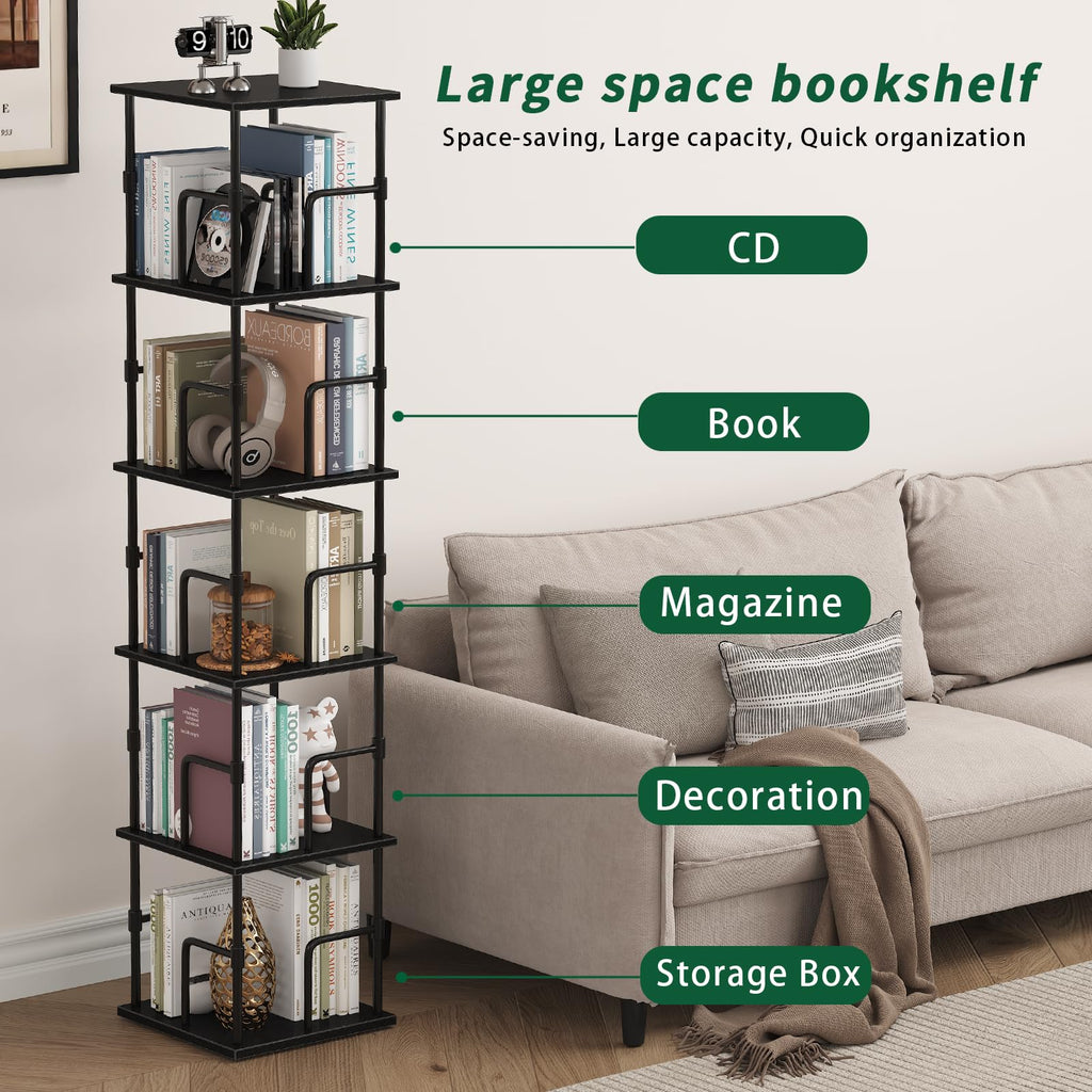 5-Tier Rotating Bookshelf, Freestanding Corner Bookshelf Industrial Style Storage Rack with Rails