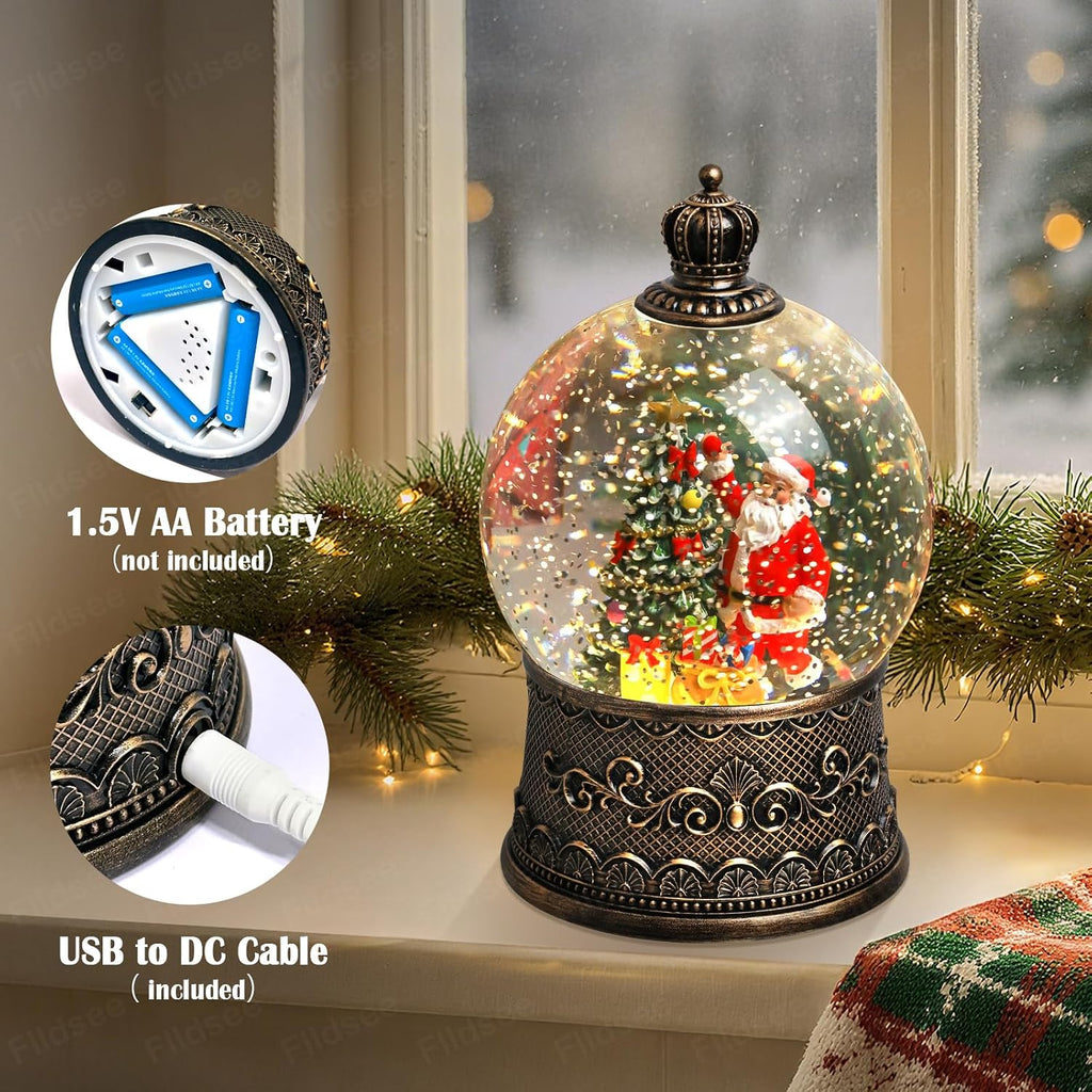 Christmas Snow Globe Lantern, Glitter Musical Snowglobe Light with Timer, USB & Battery Powered Music Box, Santa