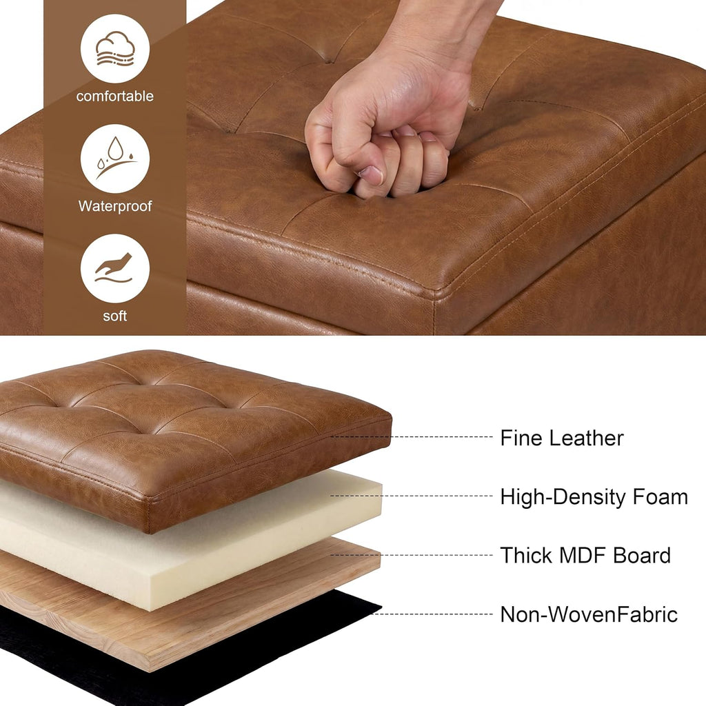 15 inch Square Storage Ottoman with Tray Lid,Modern Tufted Faux Leather Cube Coffee Table with Storage,Upholstered