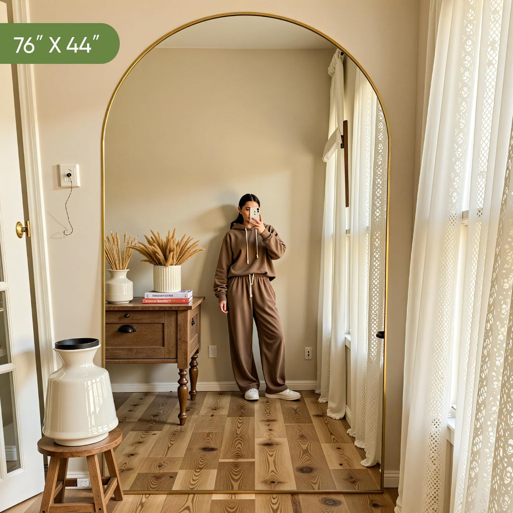 Full Length Mirror, 76"x44" Arched Standing Full Body Mirror, Gold