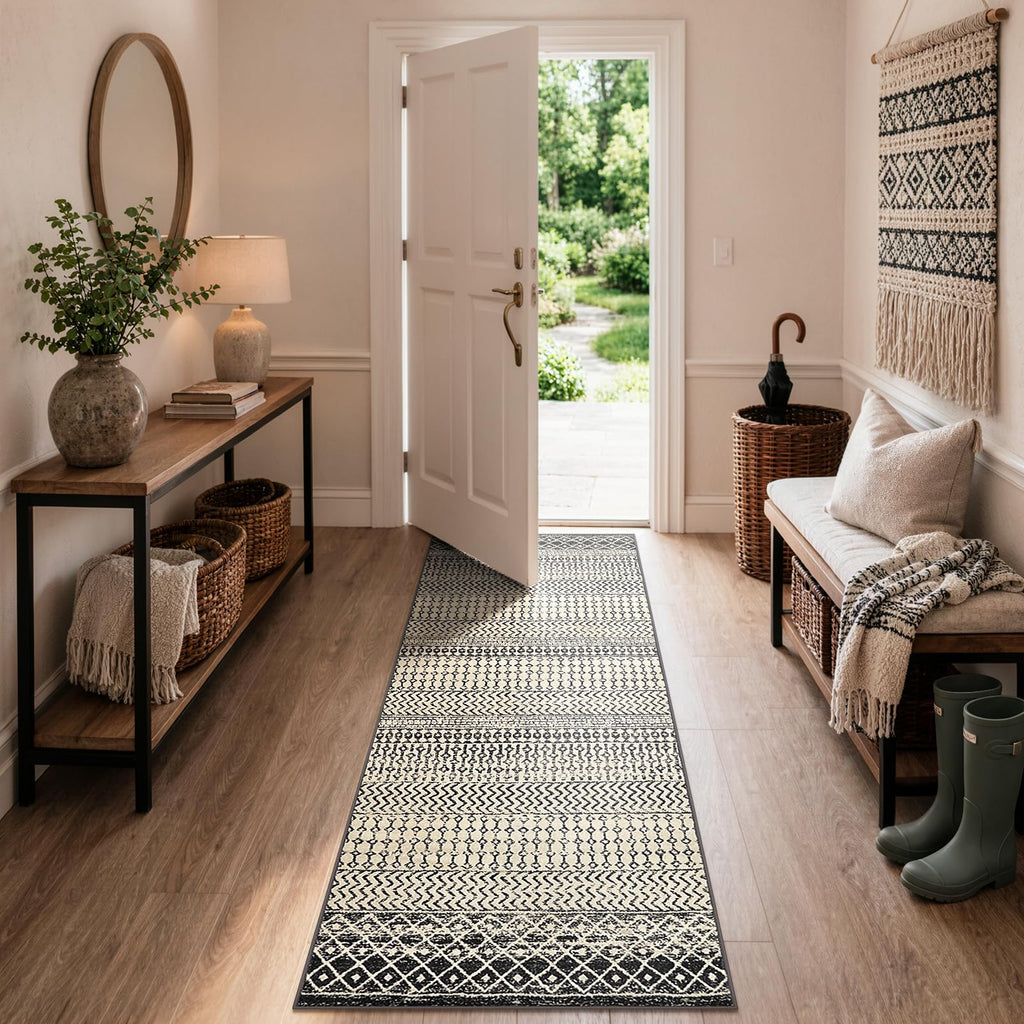 Black Boho Washable Kitchen Runner Rugs Non Skid Washable 6Ft