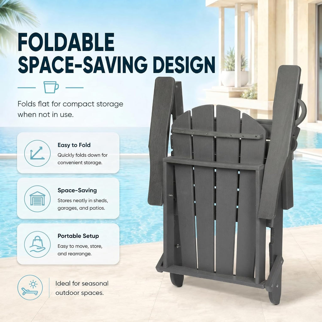 HDPE Folding Adirondack Chair, Outdoor Patio Chair with Cup Holder, Weather Resistant, Fire Pit Porch Deck Garden