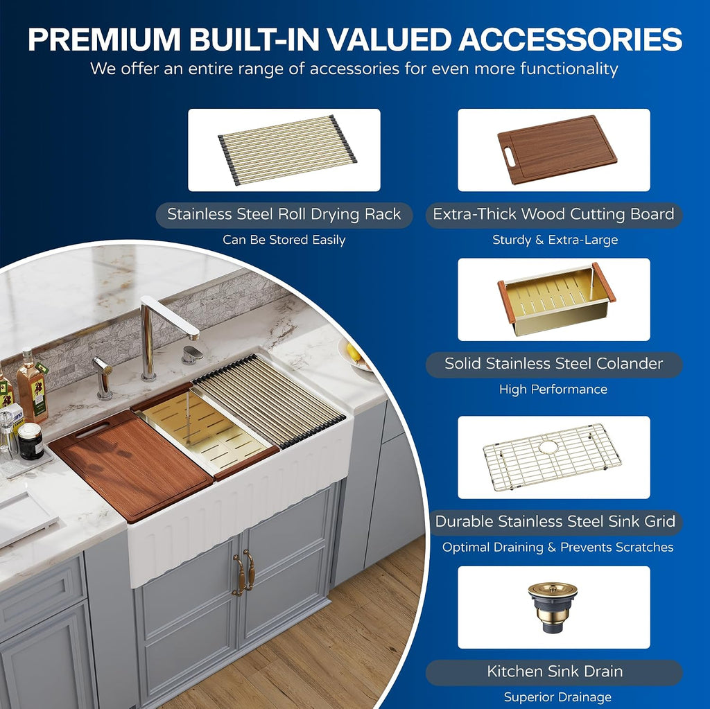30 White Farmhouse Sink Reversible Workstation, Farm Apron Front Kitchen Sink 30x20 inch White Porcelain Ceramic
