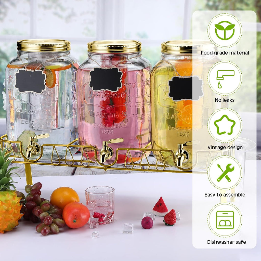 Gallon Glass Drink Dispenser with Stand and Lid Mason Jar Beverage Dispenser with Stainless Steel Spigot - Set of 3