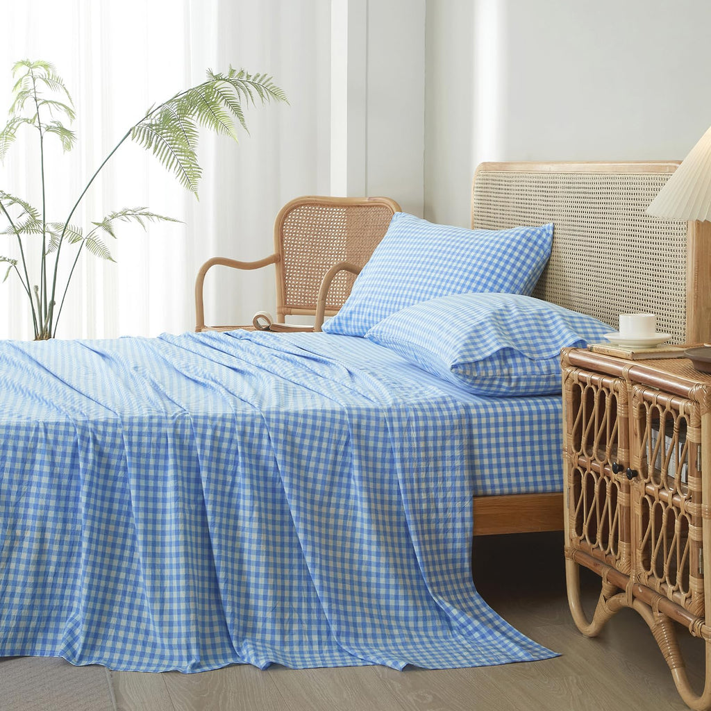Blue Gingham Sheets Set, 100% Washed Cotton Blue Plaid Bed Sheets, Breathable Comfy Vintage Checkered