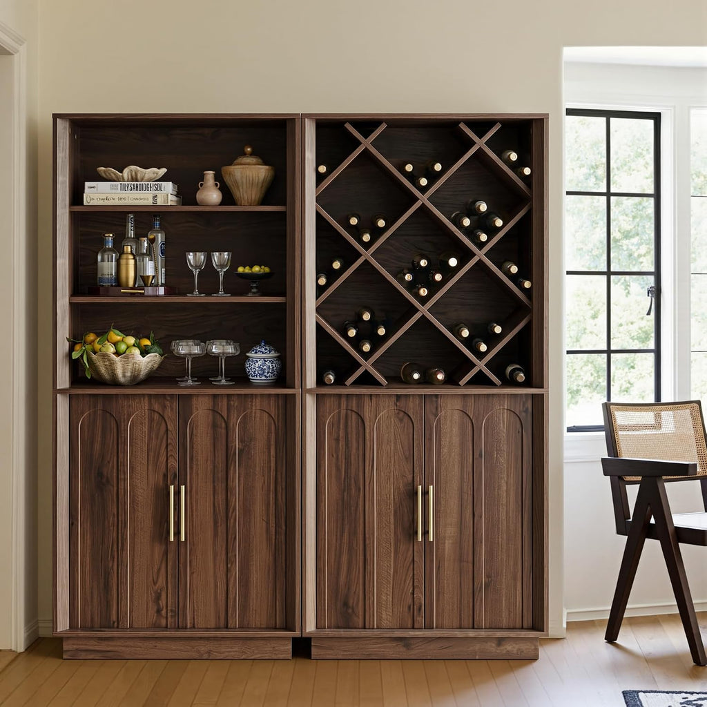 71" Tall Bookcase, 3-Tier Bookshelf with Storage, Walnut | Mid Century Modern Wood Storage Cabinet, Minimalist Arched