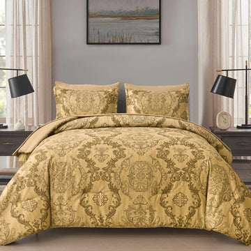 Gold Comforter Set King Size, Damask Texture Design 7 Pieces Bed in a Bag Microfiber Comforter Bedding Sets -1