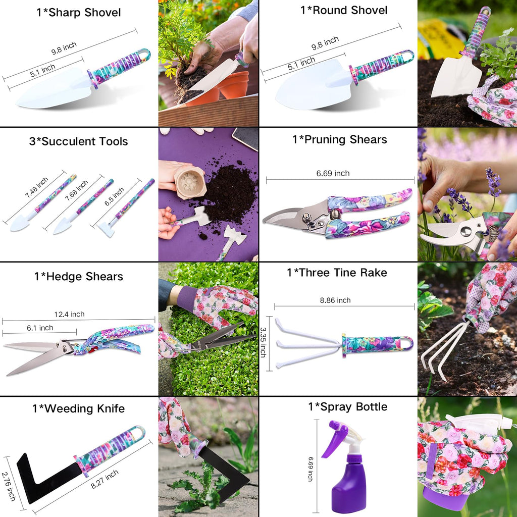 Garden Tools Set, 10 Pieces Gardening Tools with Floral Print, Ergonomic Handle Trowel Rake Weeder Pruner Shears