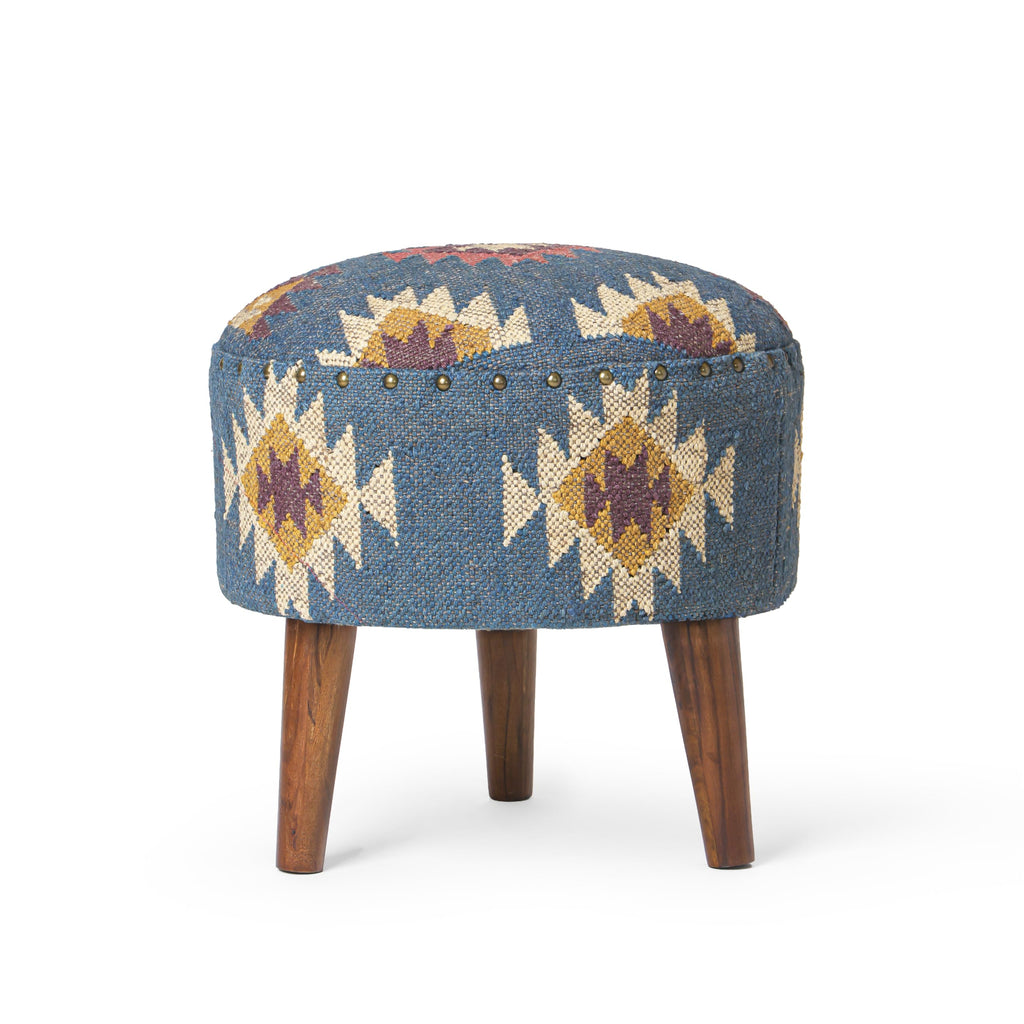 Handmade Kilim Jute Pouf Ottoman Stool | Round Upholstered Seating with Acacia Wood Base | Decorative Foot Rest &