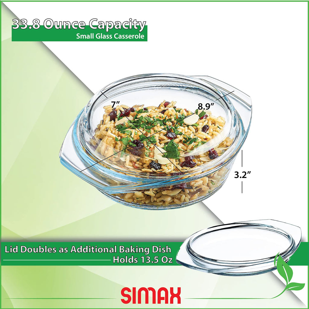 Glass Casserole Dish, Clear Glass Round Casserole Dish with Lid and Handles, 1 Quart Covered Bowl for Cooking