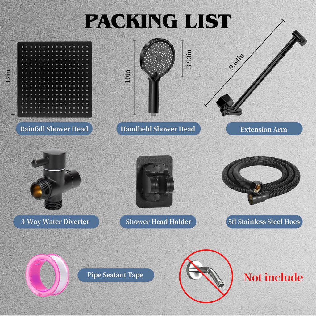 Shower Head, Rain Shower Head with Handheld Spray Combo, 12 Inch Adjustable High Pressure Rainfall Shower Head, Dual