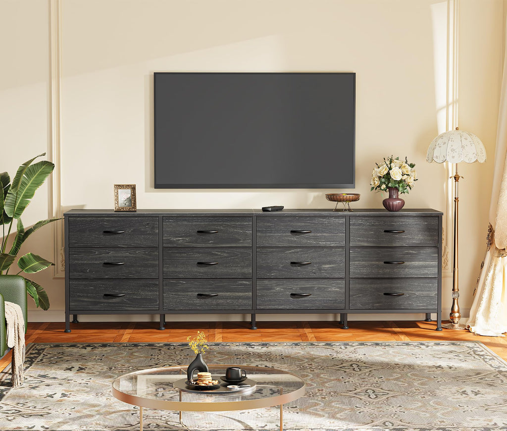70 Inch Dresser, TV Stand for 65, 75, 80 Inch TV, 12 Fabric Drawer Long Dresser, Large Storage Organizer Unit, Chest